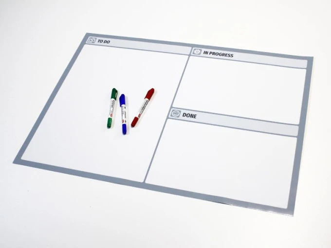 Lean 117 dry-erase board - Graphic design. Rectangular board with three sections: TO DO, IN PROGRESS, and DONE.