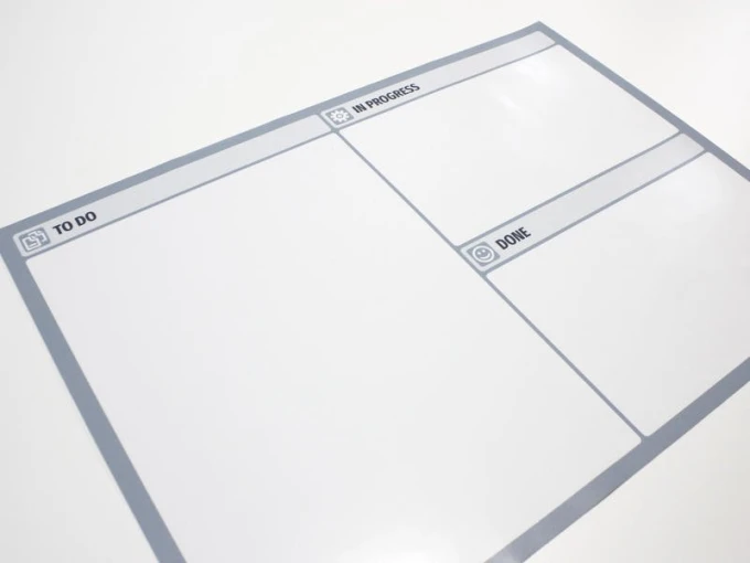 Lean 117 dry-erase board - Graphic design. Rectangular board with three sections: TO DO, IN PROGRESS, and DONE.