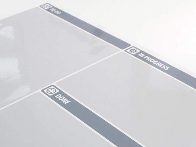 To Do lean dry-erase board 117 - Graphic design with rectangular sections for To Do, In Progress, Done on a gray background.