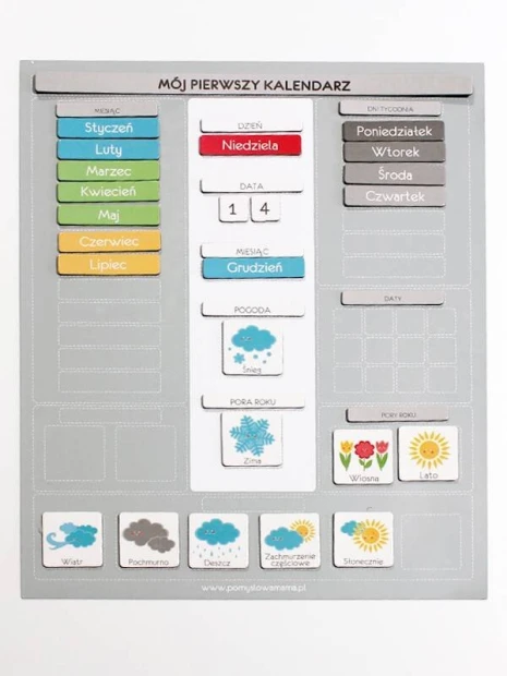 Children\'s calendar with magnets - Graphic design. Board with pictograms of days of the week and months.