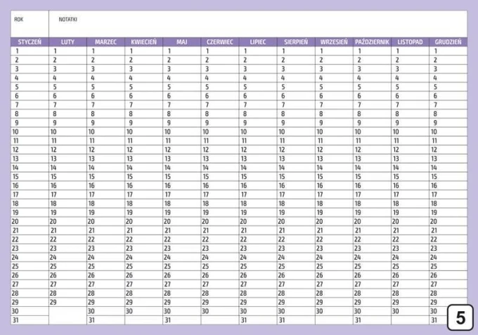 Universal yearly dry-erase calendar, Polish version 283 - Simple monthly layout with grid and numbers.