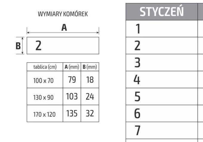 Universal yearly whiteboard calendar, Polish version 283 - Simple layout with days table and dimensions.