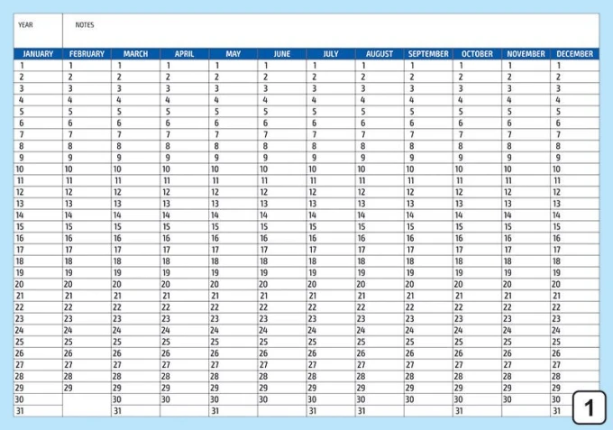 Universal dry-erase calendar English version 282 - Graphic design. Simple layout with months and days in a grid.