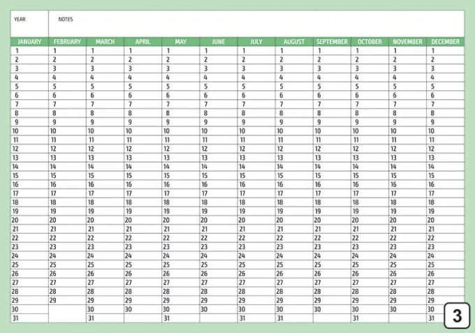 Universal dry-erase calendar in English version 282 - Graphic design with a grid of months and days in rectangles.