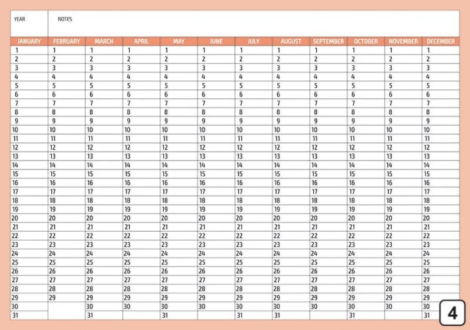 Universal dry-erase calendar English version 282 - Graphic design. Grid with months and days in rectangles.