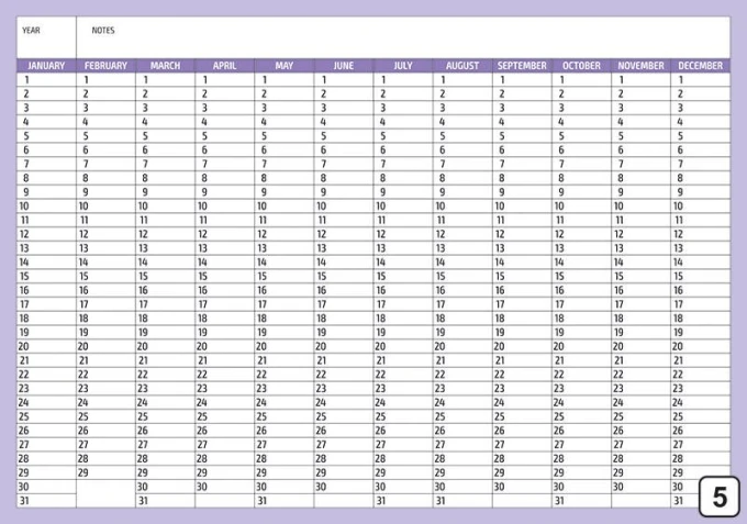 Universal dry-erase calendar in English version 282 - Graphic design with a grid of months and days in rectangles.