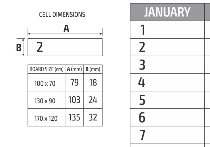 Universal dry-erase calendar English version 282 - Graphic design. Simple layout with a table and days of the month.