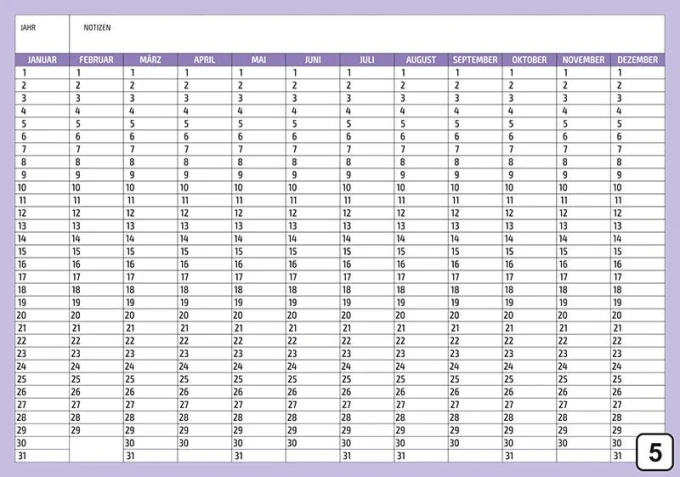 Universal dry-erase calendar, German version 281 - Graphic design. Rectangular layout with days and months grid. Color.