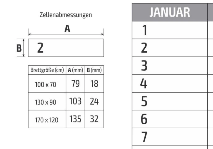 Universal dry-erase calendar, German version 281 - Graphic design. Includes a grid with dimensions and days of the month.