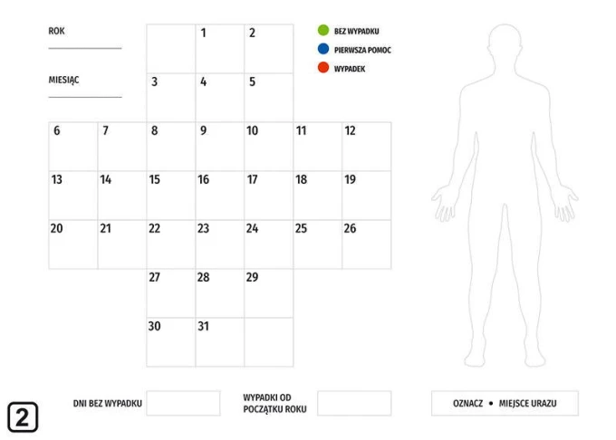 Safety cross dry-erase board Lean 120 - Graphic design. Date grid, space for injury marking.