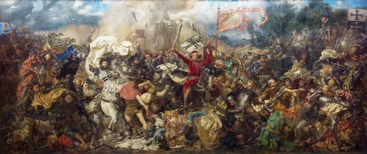 Reproduction of the painting Battle of Grunwald by Jan Matejko, depicting a dynamic battle scene.