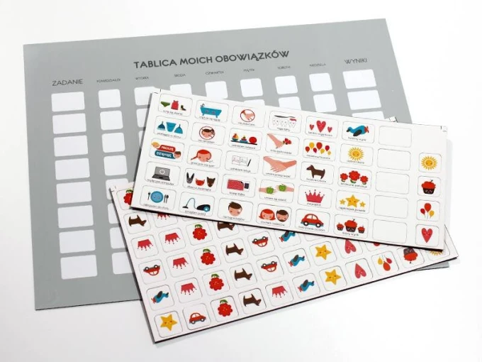 Magnetic task board - Graphic design with a gray background, rectangular fields, and colorful task icons.