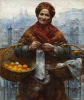Reproduction of Jewish Woman with Oranges by Aleksander Gierymski - Graphic design featuring a woman with orange baskets.