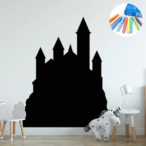 Chalk sticker for kids featuring a castle, perfect for bright children\'s rooms with minimalist furniture.