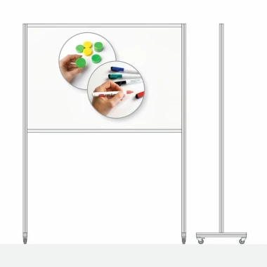 Magnetic whiteboard on wheels - Simple design with a white surface and round elements in green.