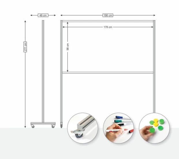 Magnetic whiteboard on wheels - Graphic design. Simple rectangular shape with dimensions and functional elements.