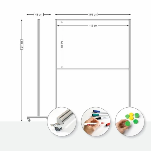 Magnetic whiteboard on wheels - Graphic design. Simple construction with dimensions and writing elements.