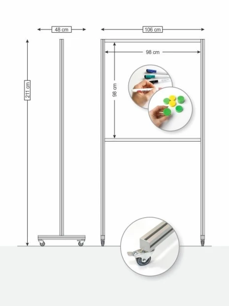 Magnetic whiteboard on wheels - Graphic design. Simple rectangular shape with functional dimensions and elements.