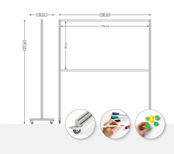 Magnetic whiteboard on wheels with graphic print. Simple rectangular design with colorful elements.