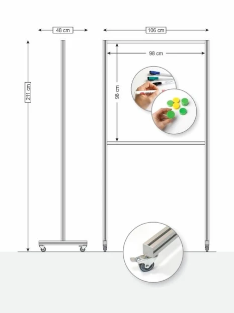 Magnetic whiteboard with printed graphic design featuring various colorful shapes on a white background.