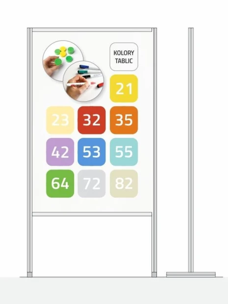 Freestanding magnetic whiteboard room divider in various colors - Graphic design with colorful elements on a white background.
