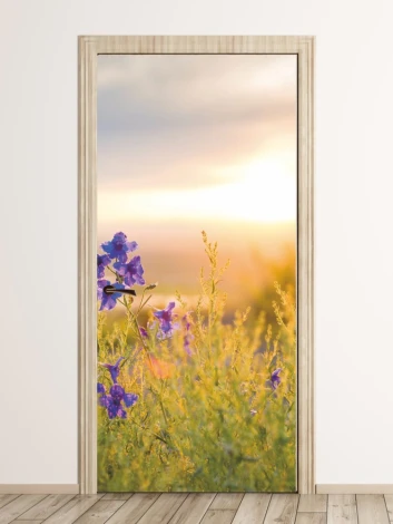 Mountain meadow door mural FP 1723 - Graphic design with purple flowers against a backdrop of green grass and sunset.