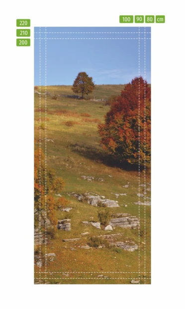 Autumn mountain door mural FP 3982 - Graphic design featuring trees with orange leaves against a sky background.