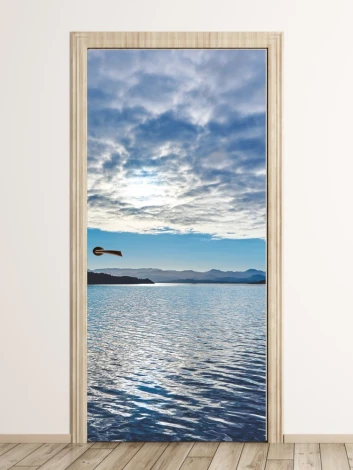 Lake door mural FP 1414 - Modern interior design with light walls and wooden flooring.
