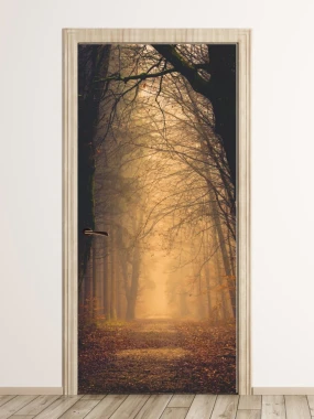 Forest road in fog door mural FP 4387 - Graphic design featuring a misty forest path with trees on both sides.