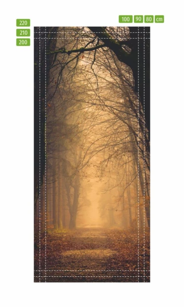 Forest road in fog wallpaper for doors FP 4387 - Graphic design featuring a misty path surrounded by trees.