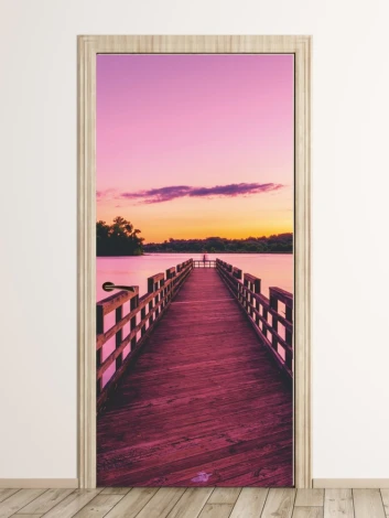 Sunset pier door mural FP 3178 - Graphic design. The pier leads to water, surrounded by trees.