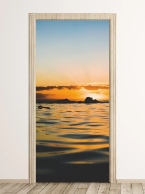 Sunset over the sea door mural FP 3490 - Graphic design featuring waves and a sunset.