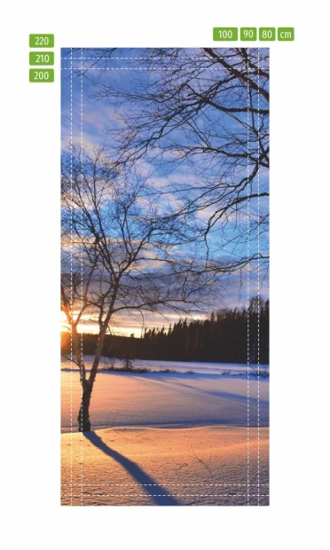 Sunset mountain door mural FP 1864 - Graphic design featuring trees and a blue-toned sky.