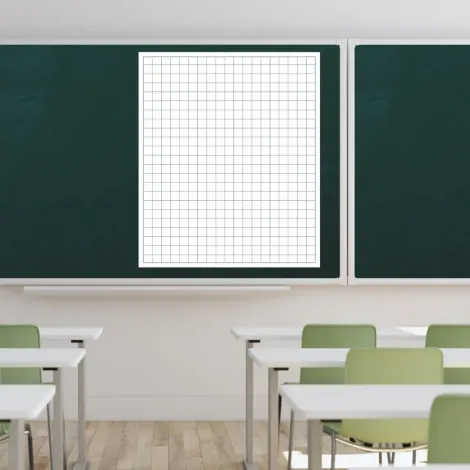 Magnetic dry-erase overlay grid 4cm 06 - Classroom setup with dark walls and light-colored furniture.