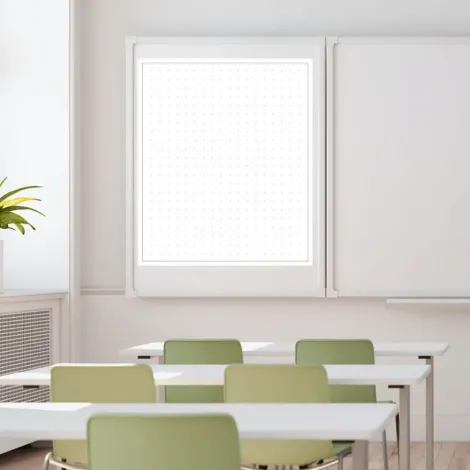 Magnetic dry-erase dot overlay 01 - Classroom setup with light walls and simple green furniture.