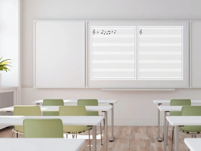 Magnetic dry-erase dot overlay 01 - Classroom setup with light walls, wooden floor, and simple furniture.