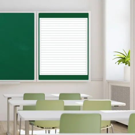 Magnetic dry-erase overlay with 4cm lines - Classroom setup with green walls, white furniture, and a plant.