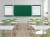 Magnetic whiteboard overlay with five lines - Classroom setup. Light-colored walls, wooden floor, furniture.