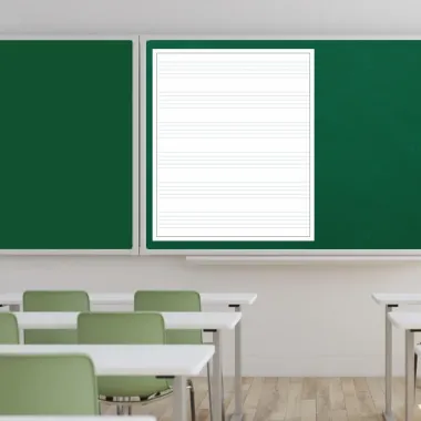 Magnetic whiteboard overlay with five lines 03 - Classroom design. Green walls, simple light furniture.