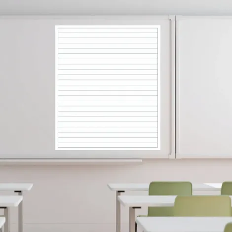 Magnetic whiteboard overlay, 4cm, ideal for classroom decor with light walls and green furniture accents.
