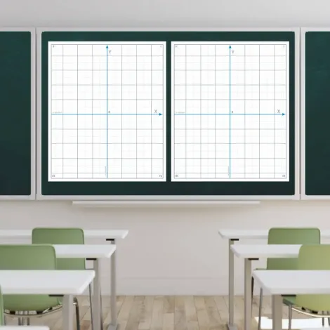 Magnetic dry-erase overlay with coordinate grid 09 - Classroom setup. Green walls and simple furniture.
