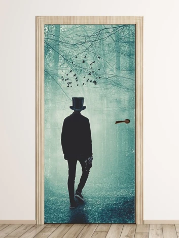 Children\'s door wallpaper FP 6017 - Graphic design of a character in a hat walking through a forest with trees and birds.