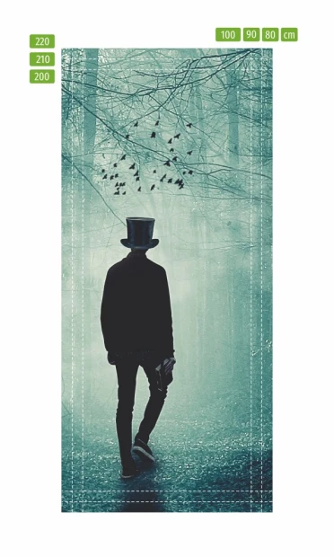 Children\'s door wallpaper FP 6017 - Graphic design featuring a character in a hat against a misty tree background.
