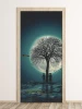 Children\'s door wallpaper FP 6009 - Graphic design with two kids by a tree under a large moon.