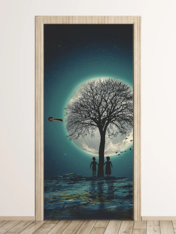 Children\'s door wallpaper FP 6009 - Graphic design with two kids by a tree under a large moon.