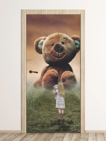 Kids\' door wallpaper featuring a girl with a butterfly and a large teddy bear. Graphic design.