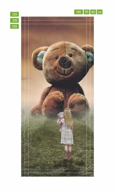 Kids\' door wallpaper featuring a girl with a butterfly, graphic design. The girl stands with her back, holding a plush toy.
