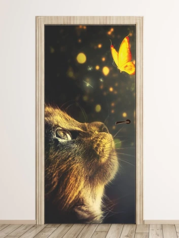 Kids\' door wallpaper with a cat and butterfly design. Cat gazes at an orange butterfly against a dark background.