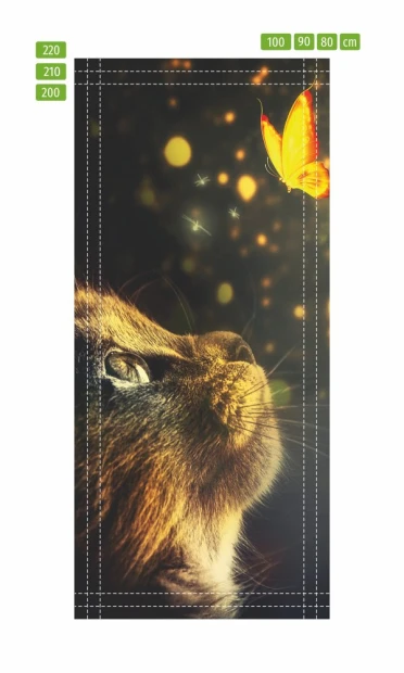 Kids\' door wallpaper with a cat and butterfly design, featuring a cat looking at a butterfly against a soft light background.