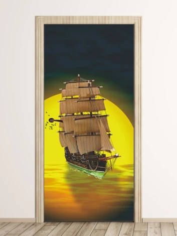 Children\'s door wallpaper with a pirate ship design, featuring a ship against a large sun and colorful water.